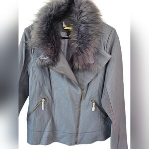New Iman Womens Large Grey Leather Jacket With Removable Faux Fur Collar NWT